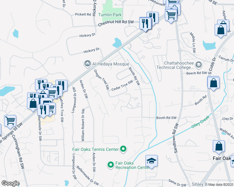 map of restaurants, bars, coffee shops, grocery stores, and more near 1145 Oregon Trail Southwest in Marietta