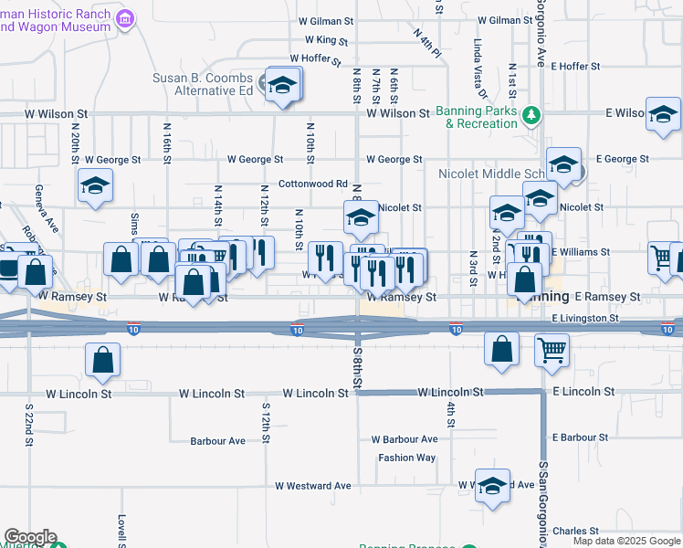 map of restaurants, bars, coffee shops, grocery stores, and more near 850 West Williams Street in Banning