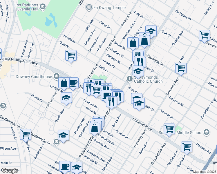 map of restaurants, bars, coffee shops, grocery stores, and more near 12428 Morning Avenue in Downey