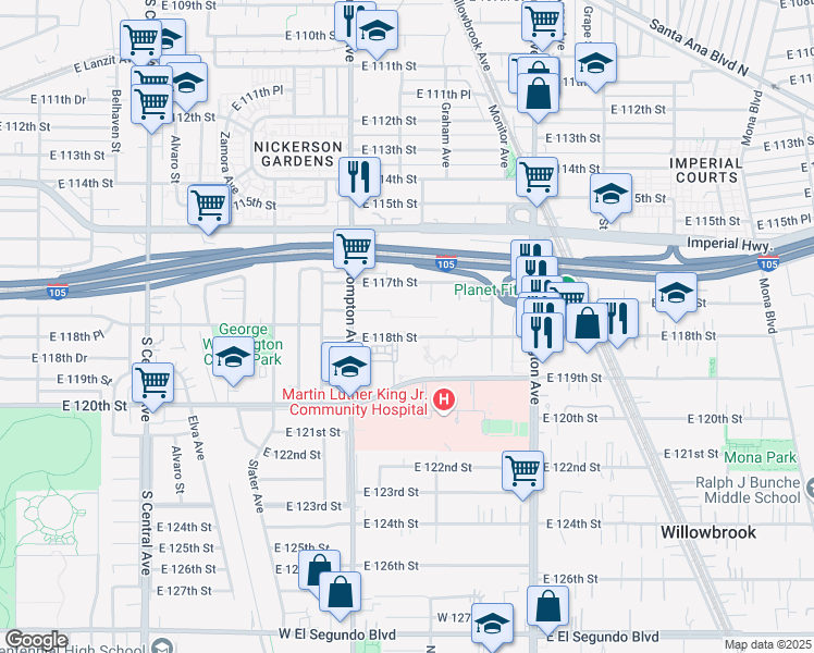 map of restaurants, bars, coffee shops, grocery stores, and more near 1700 East 117th Street in Los Angeles