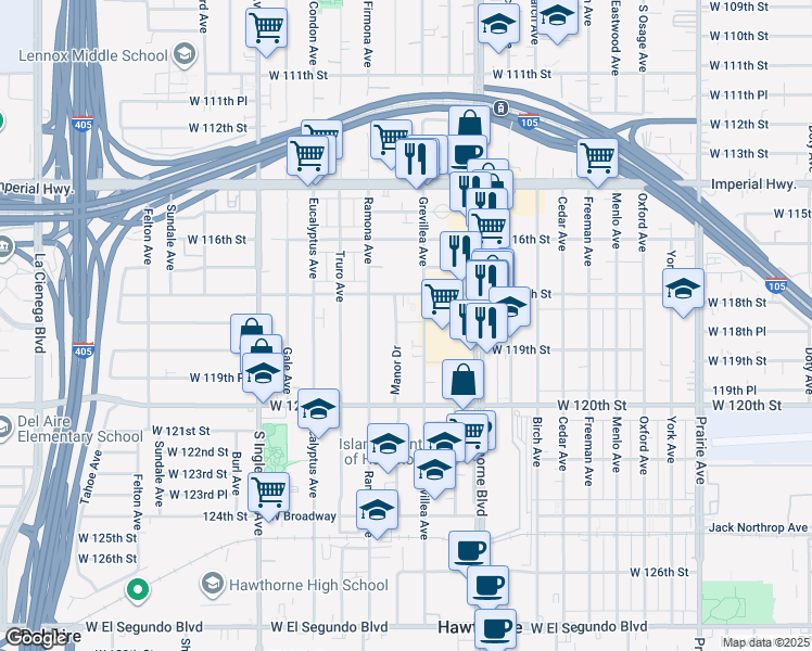 map of restaurants, bars, coffee shops, grocery stores, and more near 4558 West 118th Street in Hawthorne