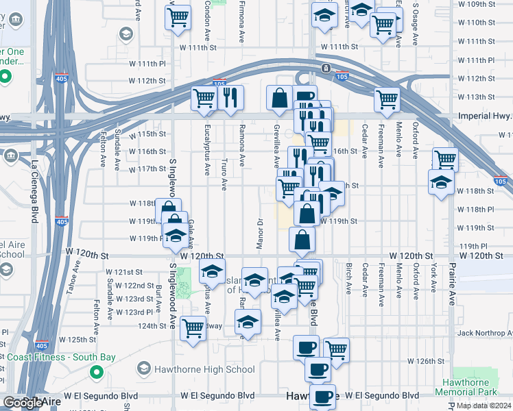 map of restaurants, bars, coffee shops, grocery stores, and more near 4558 West 118th Street in Hawthorne