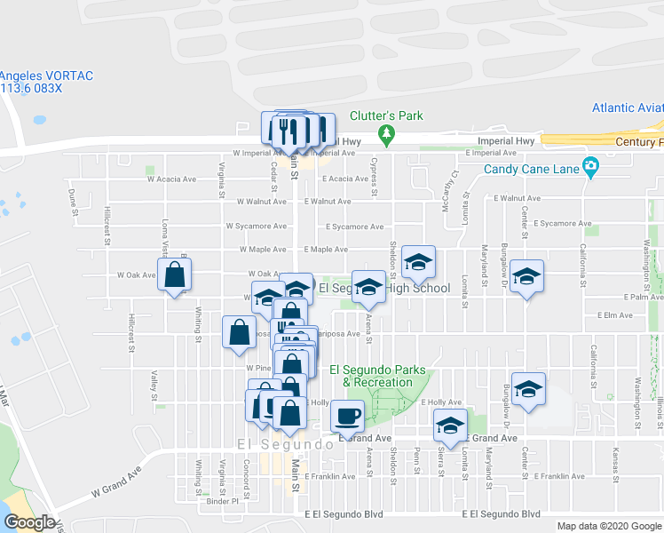 map of restaurants, bars, coffee shops, grocery stores, and more near 209 East Maple Avenue in El Segundo