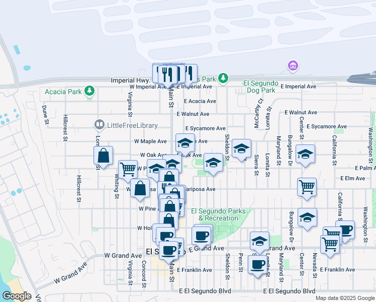 map of restaurants, bars, coffee shops, grocery stores, and more near 209 East Maple Avenue in El Segundo