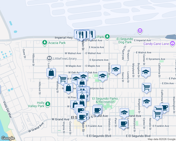 map of restaurants, bars, coffee shops, grocery stores, and more near 209 East Maple Avenue in El Segundo