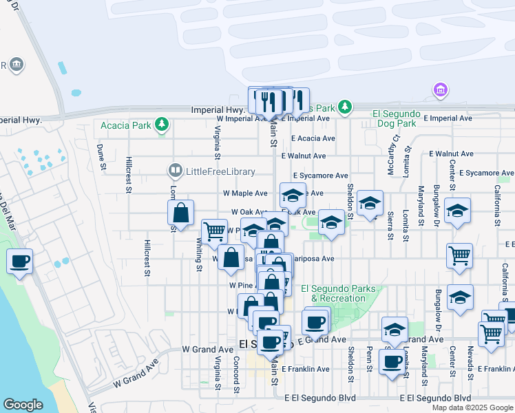map of restaurants, bars, coffee shops, grocery stores, and more near 211 West Maple Avenue in El Segundo