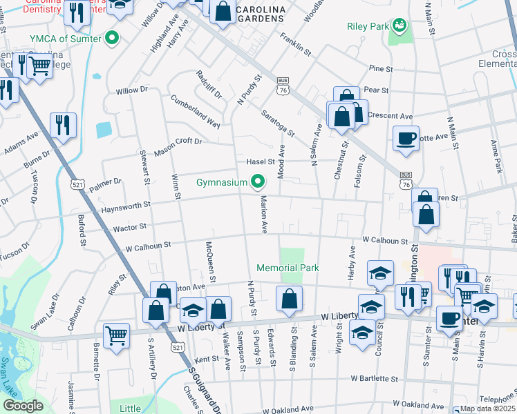 map of restaurants, bars, coffee shops, grocery stores, and more near 14 Mood Avenue in Sumter