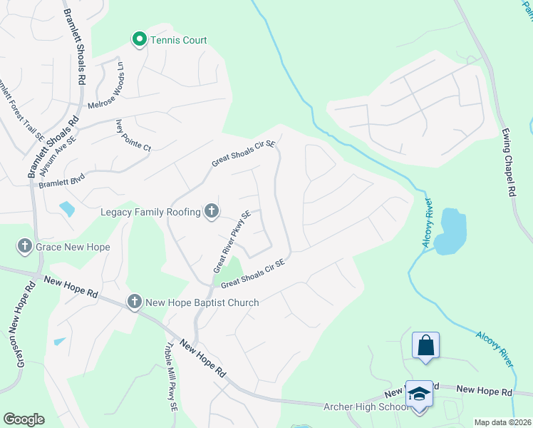 map of restaurants, bars, coffee shops, grocery stores, and more near 1518 Great Shoals Circle Southeast in Lawrenceville