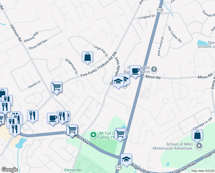 map of restaurants, bars, coffee shops, grocery stores, and more near 1092 Pecan Grove Place Southwest in Lawrenceville