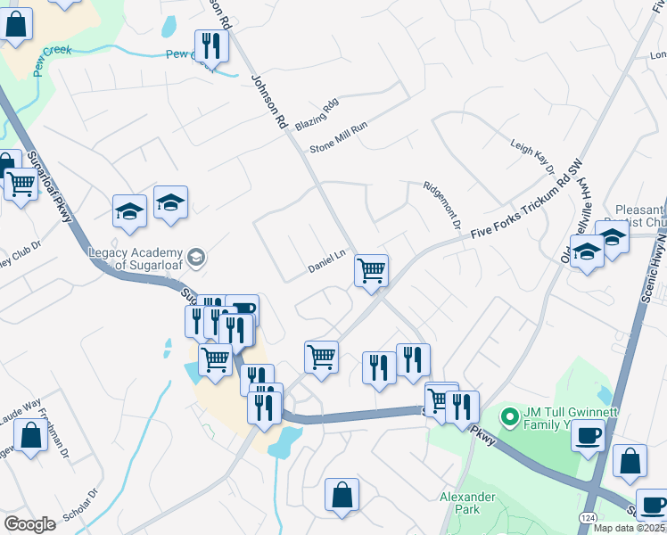 map of restaurants, bars, coffee shops, grocery stores, and more near 1201 Daniel Lane in Lawrenceville
