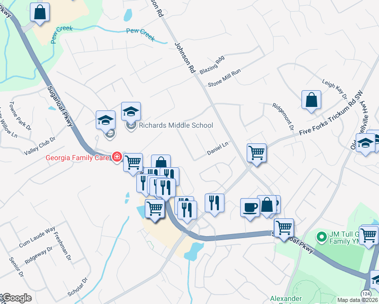 map of restaurants, bars, coffee shops, grocery stores, and more near 1401 Daniel Lane in Lawrenceville