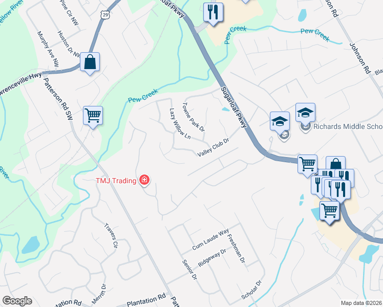 map of restaurants, bars, coffee shops, grocery stores, and more near 545 Lazy Willow Lane in Lawrenceville