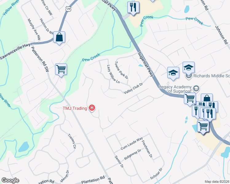 map of restaurants, bars, coffee shops, grocery stores, and more near 1770 Valley Club Drive in Lawrenceville