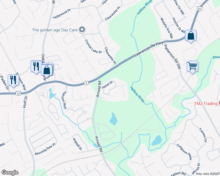 map of restaurants, bars, coffee shops, grocery stores, and more near 2090 Hasel Street in Lawrenceville