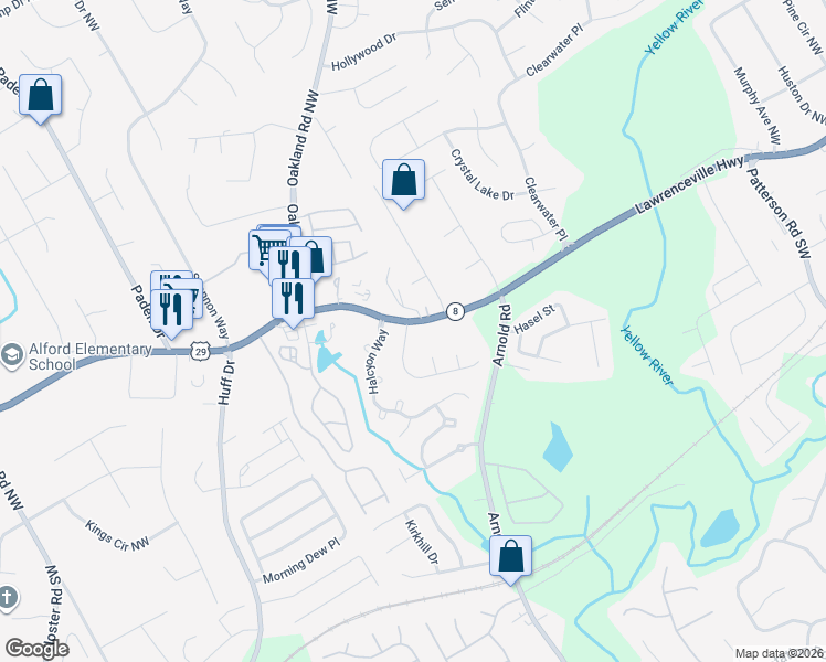 map of restaurants, bars, coffee shops, grocery stores, and more near 2595 Arnold Mill Road Northwest in Lawrenceville