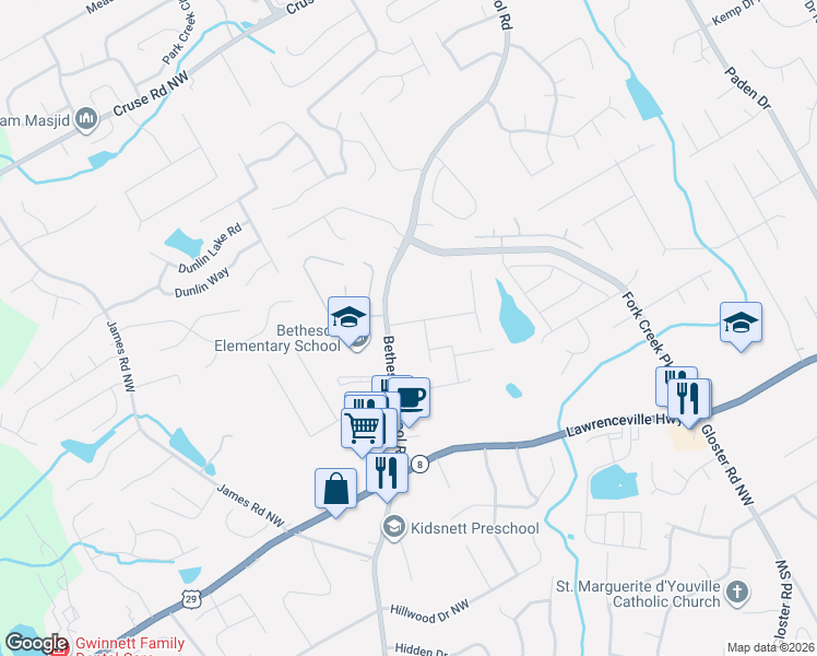 map of restaurants, bars, coffee shops, grocery stores, and more near 594 Saddletop Way Northwest in Lawrenceville