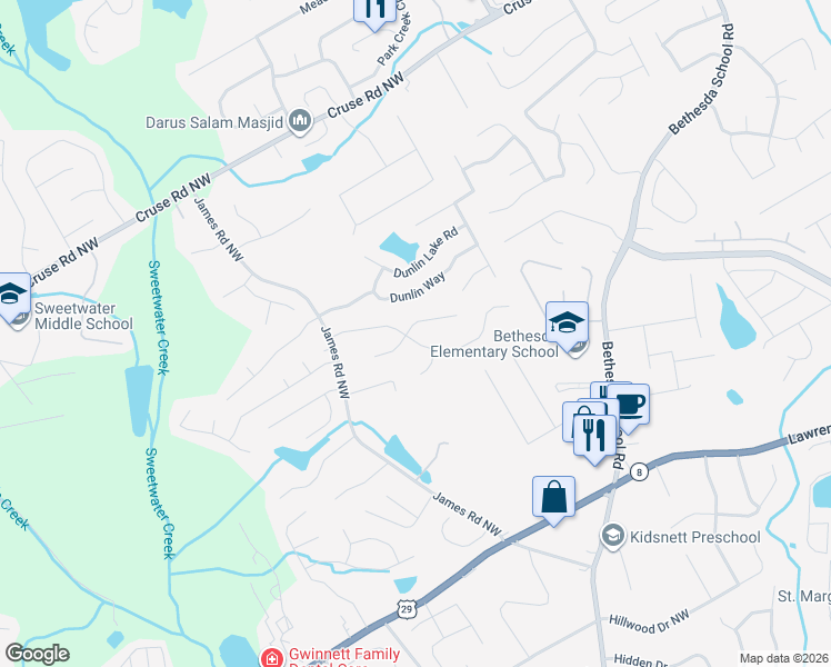 map of restaurants, bars, coffee shops, grocery stores, and more near 3051 Morris Lane in Lawrenceville
