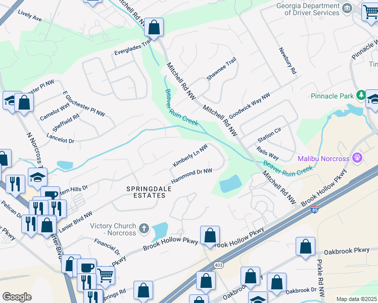 map of restaurants, bars, coffee shops, grocery stores, and more near 5703 Kimberly Lane Northwest in Norcross