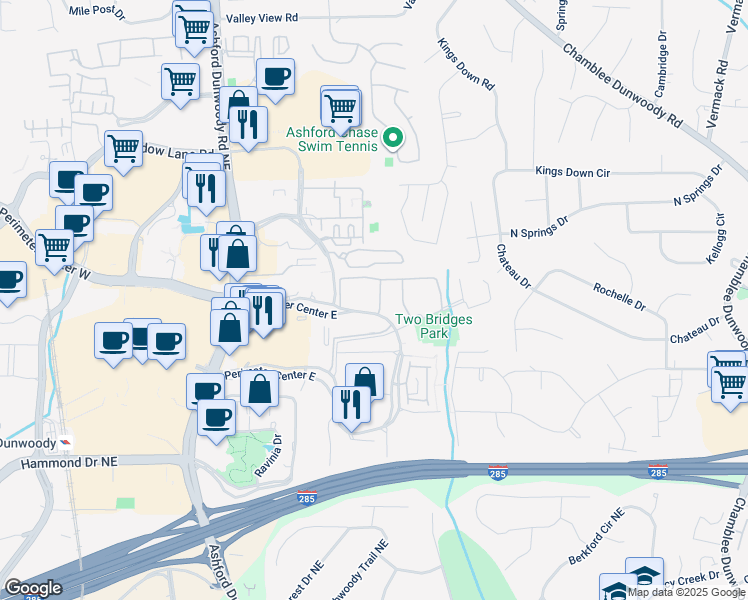 map of restaurants, bars, coffee shops, grocery stores, and more near 11032 Perimeter Trace East in Atlanta