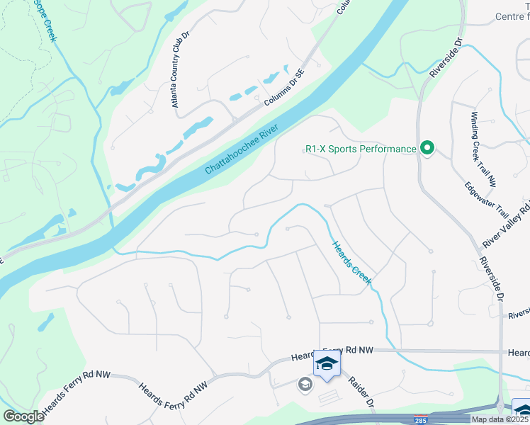 map of restaurants, bars, coffee shops, grocery stores, and more near 1050 Mountain Creek Trail Northwest in Atlanta