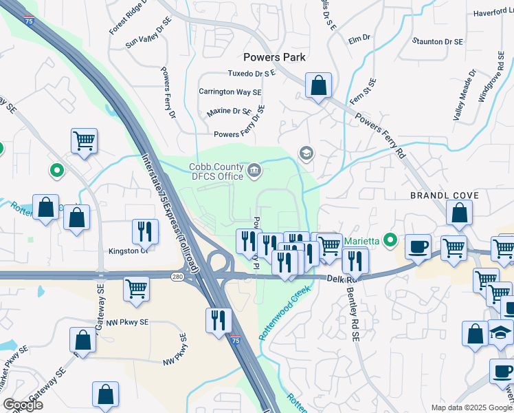 map of restaurants, bars, coffee shops, grocery stores, and more near 2315 Highland Parc Place Southeast in Marietta