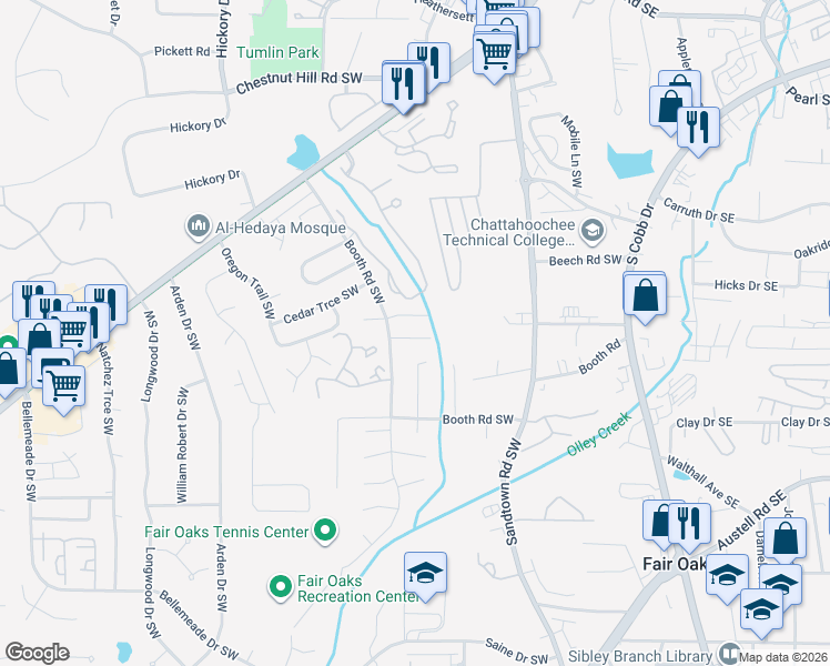 map of restaurants, bars, coffee shops, grocery stores, and more near 296 Burns Court Southwest in Marietta