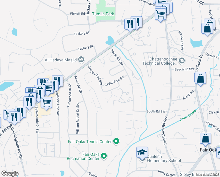 map of restaurants, bars, coffee shops, grocery stores, and more near 1145 Oregon Trail Southwest in Marietta