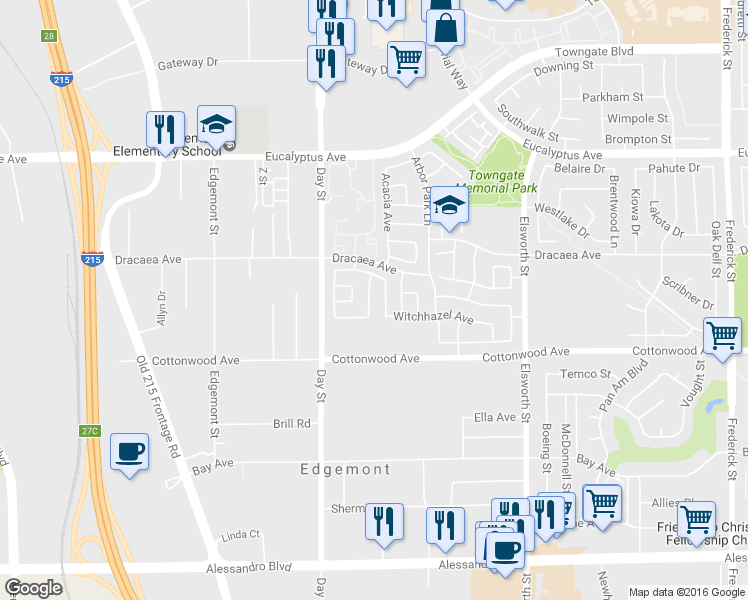 map of restaurants, bars, coffee shops, grocery stores, and more near 13346 Sourwood Avenue in Moreno Valley