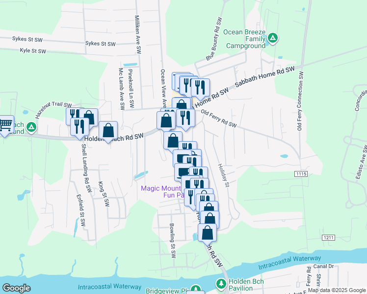 map of restaurants, bars, coffee shops, grocery stores, and more near 2921 Fulford Avenue Southwest in Brunswick County