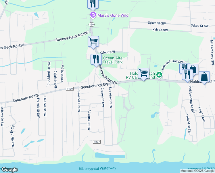 map of restaurants, bars, coffee shops, grocery stores, and more near 1817 Seashore Road Southwest in Brunswick County