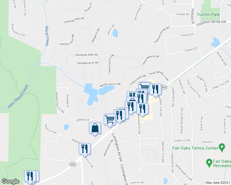 map of restaurants, bars, coffee shops, grocery stores, and more near 764 Reeves Lake Drive Southwest in Marietta