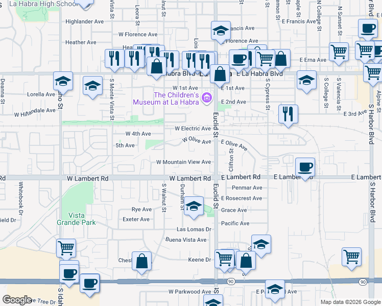 map of restaurants, bars, coffee shops, grocery stores, and more near 217 West Mountain View Avenue in La Habra