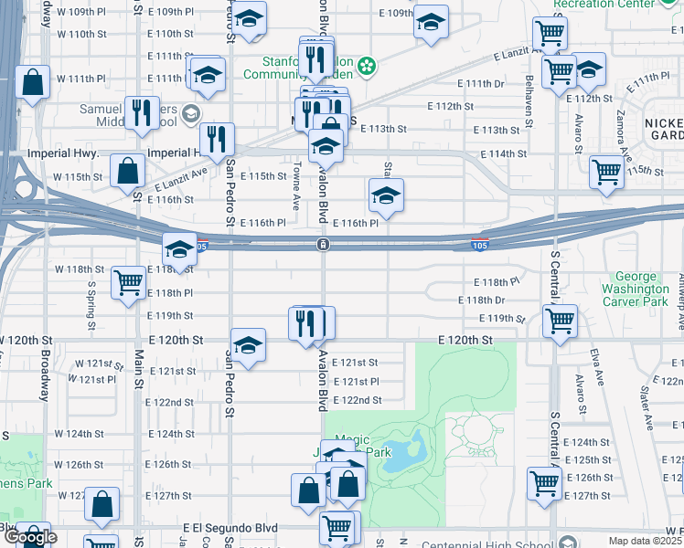 map of restaurants, bars, coffee shops, grocery stores, and more near 620 East 118th Street in Los Angeles