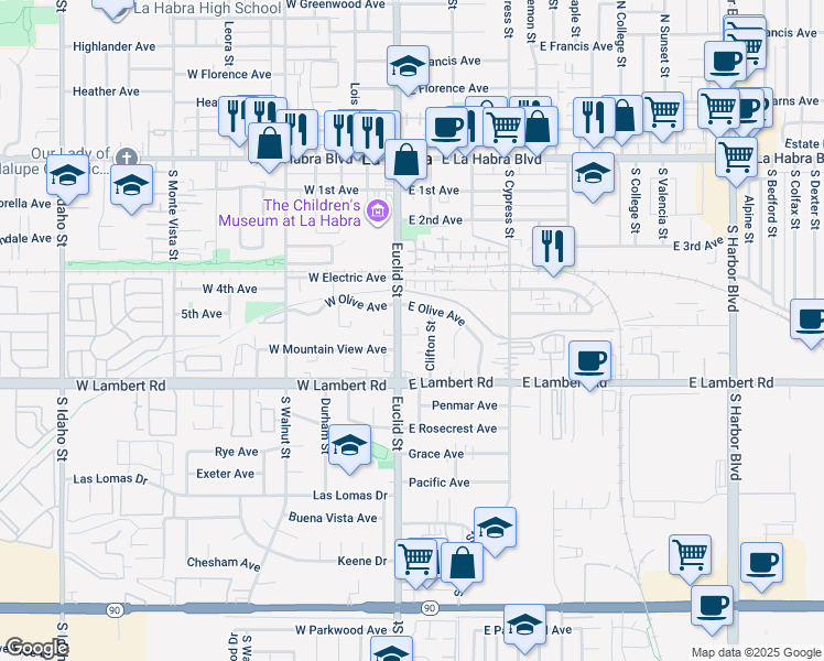 map of restaurants, bars, coffee shops, grocery stores, and more near 522 South Euclid Street in La Habra