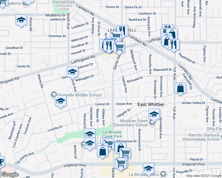 map of restaurants, bars, coffee shops, grocery stores, and more near 15670 Richvale Drive in Whittier
