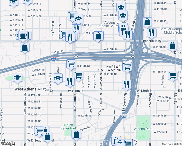 map of restaurants, bars, coffee shops, grocery stores, and more near 750 West 118th Street in Los Angeles