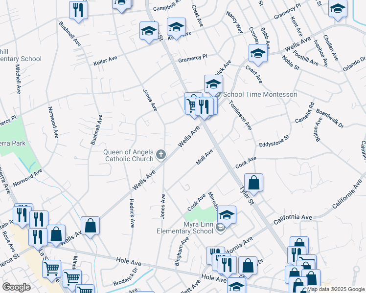 map of restaurants, bars, coffee shops, grocery stores, and more near 10356 Wells Avenue in Riverside
