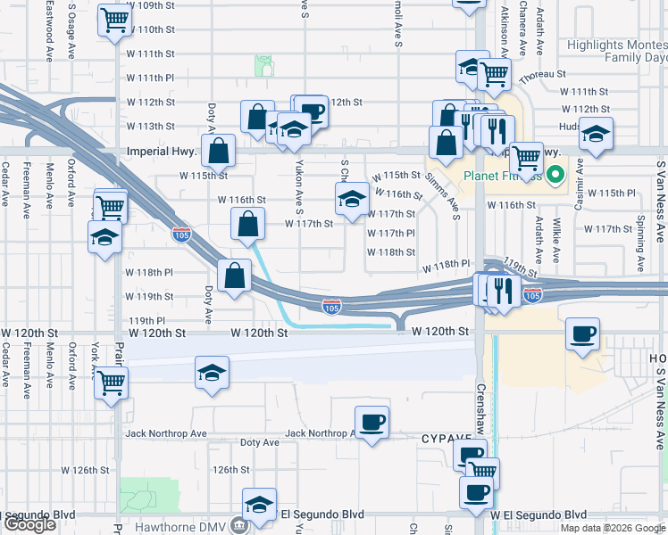 map of restaurants, bars, coffee shops, grocery stores, and more near 3511 West 118th Place in Inglewood