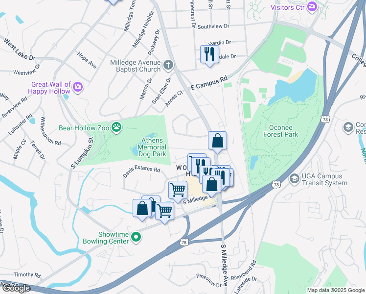 map of restaurants, bars, coffee shops, grocery stores, and more near 559 Woodland Hills Drive in Athens