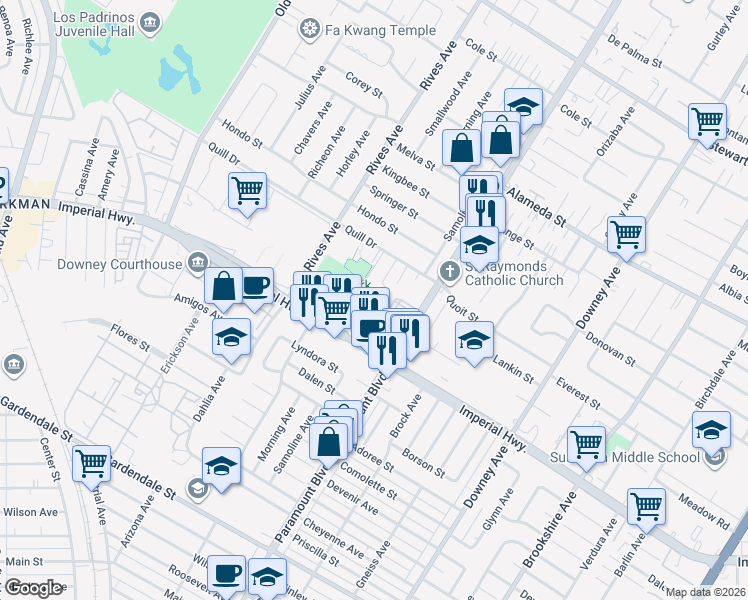 map of restaurants, bars, coffee shops, grocery stores, and more near 7919 Leeds Street in Downey