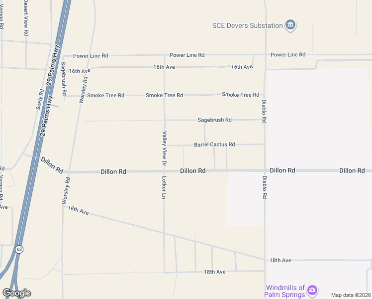 map of restaurants, bars, coffee shops, grocery stores, and more near 61581 Barrel Cactus Road in North Palm Springs