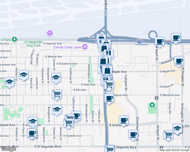 map of restaurants, bars, coffee shops, grocery stores, and more near 723 Indiana Court in El Segundo