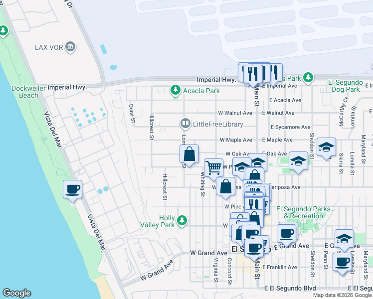 map of restaurants, bars, coffee shops, grocery stores, and more near 742 Loma Vista Street in El Segundo