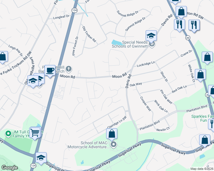 map of restaurants, bars, coffee shops, grocery stores, and more near 674 Moon Road in Lawrenceville