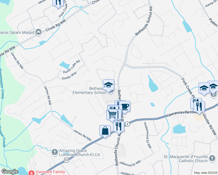 map of restaurants, bars, coffee shops, grocery stores, and more near 434 Sugar Gate Court in Lawrenceville
