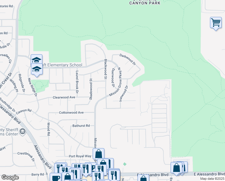 map of restaurants, bars, coffee shops, grocery stores, and more near 6879 Mission Grove Parkway North in Riverside