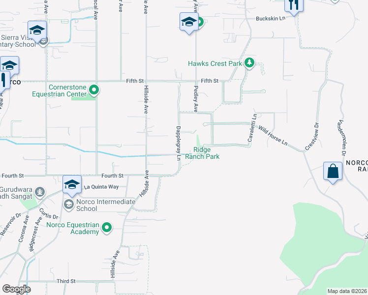 map of restaurants, bars, coffee shops, grocery stores, and more near 3047 Dapplegray Lane in Norco