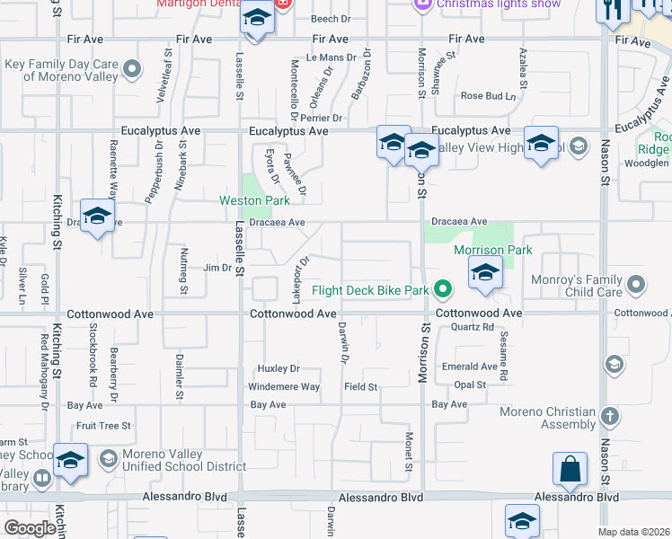 map of restaurants, bars, coffee shops, grocery stores, and more near 13359 Burney Pass Drive in Moreno Valley