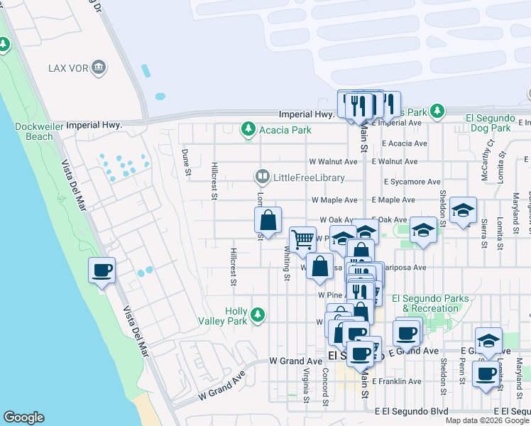 map of restaurants, bars, coffee shops, grocery stores, and more near 742 Loma Vista Street in El Segundo
