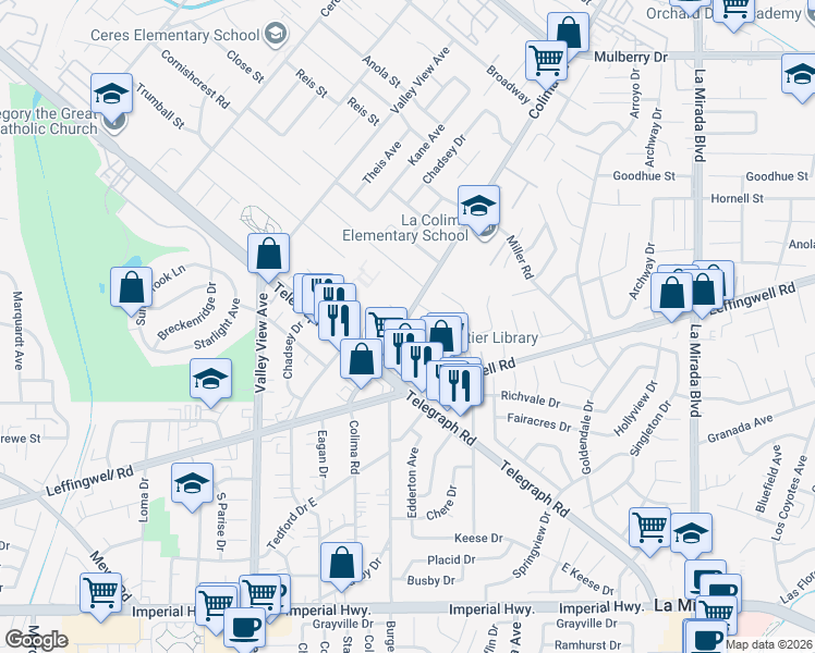 map of restaurants, bars, coffee shops, grocery stores, and more near 11500 Colima Road in Whittier